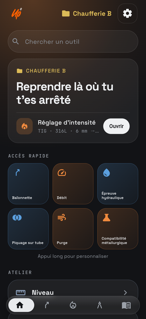WeldUp Pocket home screen: current job and quick access to tools