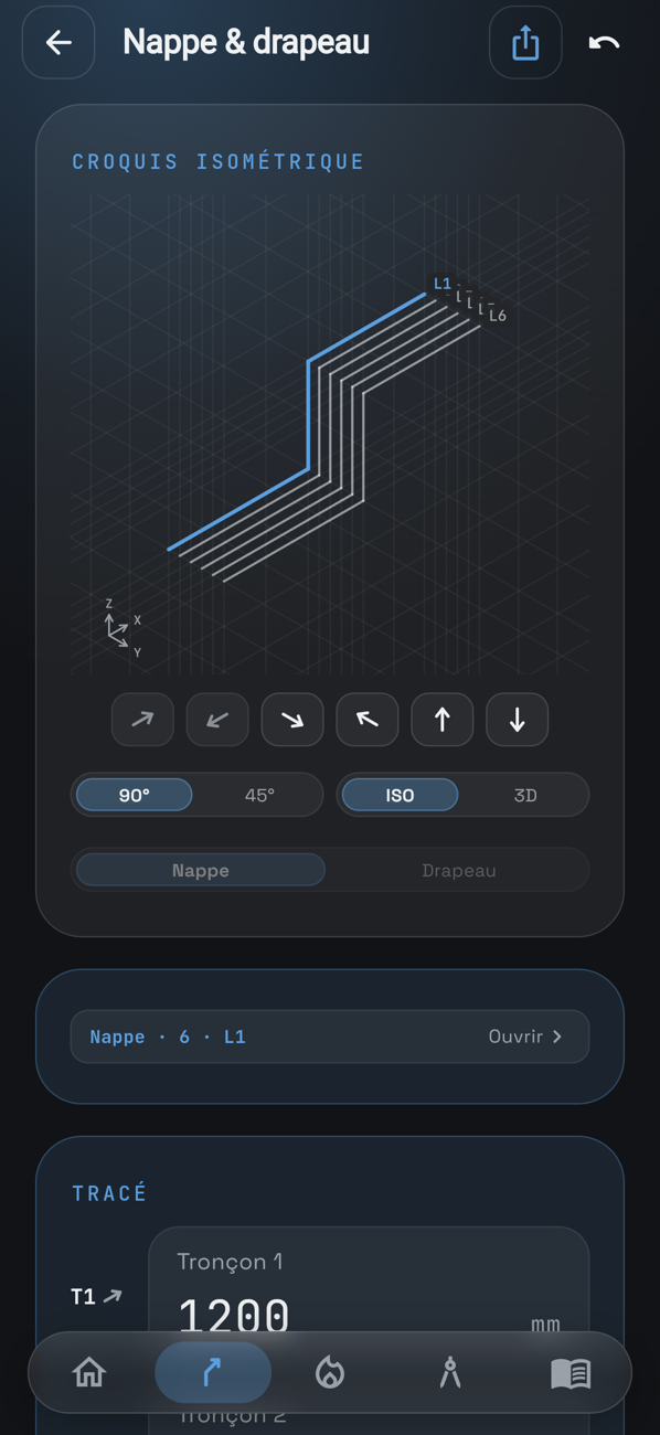 Parallel runs and flag tool: isometric sketch and layout